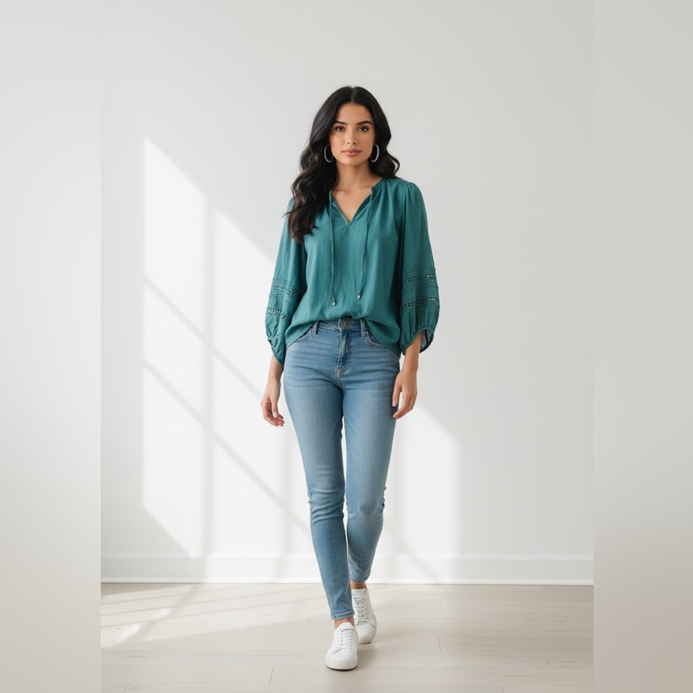 Elegant Frye Teal Blouse with Lace Details